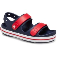 Navy toddler Crocs sandal with red straps, perforated design, and white sole trim, size Infant 6.