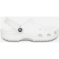 White Crocs unisex classic clog with ventilation holes, adjustable heel strap, and textured sole.