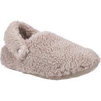 Mushroom-colored Crocs kids slipper with plush fuzzy texture and adjustable strap.