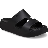 Black Crocs women's platform mule with H-strap design and open toe.