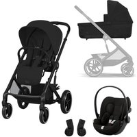 Black Cybex Balios stroller with matching car seat and bassinet, featuring sleek design and adjustable handlebar.