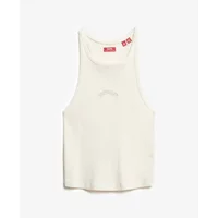 White Superdry women's racerback tank top with subtle front logo and red inner label.