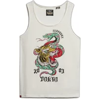 White Superdry tank top with Neo Trad Tattoo design featuring a dragon and tiger, "Tokyo" text in black.