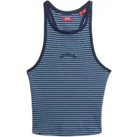 Striped racerback tank top with Superdry logo, navy and blue, women's Essential collection.