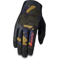 Dakine Covert Long Finger Gloves with black and camo pattern, red logo on fingers, and reinforced fingertips.