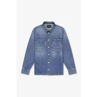 Blue denim jacket with button front, chest pockets, and faded wash, by Le Temps des cerises Hisa.