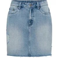 Blue denim skirt for women CULTURE CUJutea, faded wash, frayed hem, front button and zip closure.