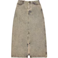 Element Maxi denim skirt, faded blue, high-waisted, button-front, ankle-length, with subtle distressed details.
