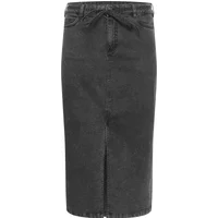 Black denim skirt for women KAFFE Curve KCGima, knee-length with front slit and belt loops.