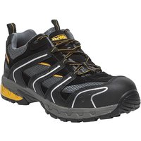 Black Dewalt Cutter Safety Trainers with gray mesh, yellow accents, reinforced toe, and durable sole, size UK 10.