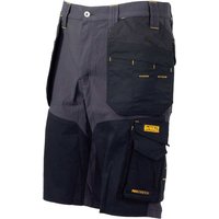 Gray and black DeWalt work shorts with multiple pockets and reinforced stitching.