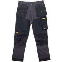 Black and gray Dewalt Memphis holster trousers with multiple pockets, reinforced knees, and yellow logo patches.