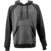 Gray and black DeWalt XXL hooded sweatshirt with front pocket and drawstrings, featuring subtle logo on chest.