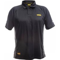 Black Dewalt Rutland Performance Polo Shirt, short-sleeved with yellow logo on chest and collar, size L (46In).