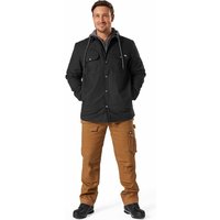 Black Dickies Duck Shirt Jacket with button front, chest pockets, and hood, worn over a gray hoodie.