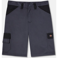 Grey Dickies Everyday Shorts, size 34, with black pockets and cargo flap, featuring a button closure and logo patch.
