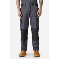 Grey Dickies trousers, size 36, with black knee patches and multiple pockets, worn with brown boots.