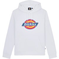 White Dickies hoodie XXL with colorful logo on chest, front pocket, and drawstring hood.