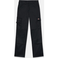 Black Dickies women's trousers, UK 16, with straight leg, button closure, side cargo pockets, and logo patch.
