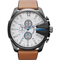 Diesel DZ4280 Mega Chief men's watch, white dial, brown leather strap, silver-tone case, blue accents, chronograph features.