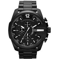 Black Diesel DZ4283 Mega Chief chronograph watch with black dial, white markers, and black stainless steel band.