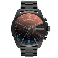 Black stainless steel Diesel men's watch with large round face, red and blue gradient dial, and chronograph features.