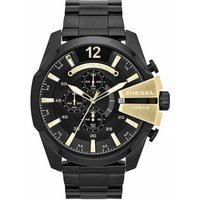 Black Diesel DZ4338 Mega Chief watch with gold accents, chronograph dials, and bold numerals on a black metal band.
