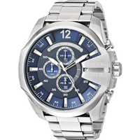 Diesel DZ4417 Mega Chief watch, blue dial, silver-tone stainless steel case and bracelet, chronograph subdials.
