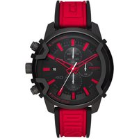 Black and red Diesel DZ4530 men's watch with chronograph, bold red accents, and textured red silicone strap.