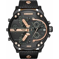 Black Diesel DZ7350 Daddy 2.0 chronograph watch with rose gold accents, textured dial, and black leather strap.