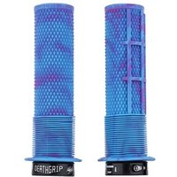 Blue and purple DMR Brendog DeathGrip Flange MTB grips with textured surface and black lock rings.