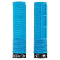 Blue DMR Brendog DeathGrip MTB grips with textured surface and black lock rings.
