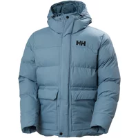 Blue Helly Hansen Nordic down jacket with hood, front pockets, and HH logo on chest.