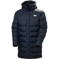 Black Helly Hansen Oslo Puffy down jacket with hood, quilted design, and white logo on chest.
