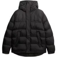 Black Superdry Tech down jacket with hood, quilted design, and front pockets.