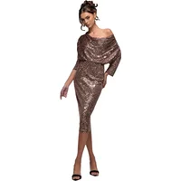 Sequined Goddiva midi dress with draped cowl neck, long sleeves, and fitted silhouette in shimmering bronze.