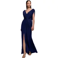 Navy blue draped mermaid gown with draped neckline and thigh-high slit, Goddiva Maxi for women.