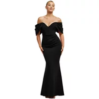 Black off-the-shoulder maxi dress with draped sleeves, fitted bodice, and flared skirt by Goddiva.