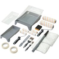 Gray Draper 25 Piece Decorating Tool Kit with paint trays, rollers, brushes, masking tape, and a telescopic pole.