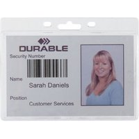 Clear plastic Durable identity badge holder with top slot and visible barcode, name, and photo space.