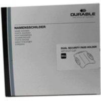 Durable DUAL SEC CARD HOLDER PK50, gray box with black and white text, includes illustration of card holder design.