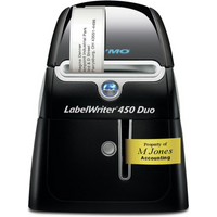 Black Dymo-LabelWriter 450 DUO with dual label slots, printed labels, and blue LED indicator.