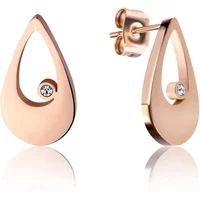 Rose gold teardrop earrings with open center and small crystal accent, stud back closure.