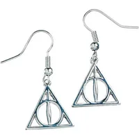 Silver Deathly Hallows earrings with triangular design and circle, by The Carat Shop, featuring hook fastenings.
