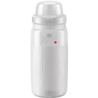 Clear Elite Fly Tex MTB bottle with textured grip, white cap, and red logo detailing.