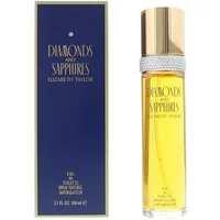 Elizabeth Taylor Diamonds & Sapphires Eau De Toilette 100ml, gold cap, clear bottle, blue box with gold text.