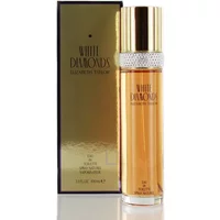 Gold Elizabeth Taylor White Diamonds Eau De Toilette bottle with crystal band, next to matching gold box.