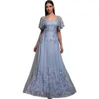 Blue embroidered lace Goddiva maxi dress with short flutter sleeves and floral detailing.