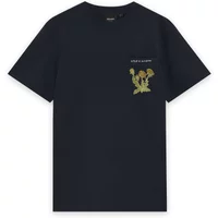 Black Lyle & Scott T-shirt with yellow embroidered floral pattern and brand logo on the chest.