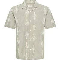 Gray short-sleeve shirt with white geometric embroidery, button-up front, and casual collar.